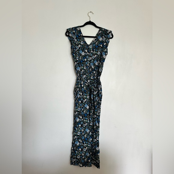 LOFT Blue Black Floral Flowers Print Wide Leg Sleeveless Jumpsuit Pockets - Picture 2 of 6